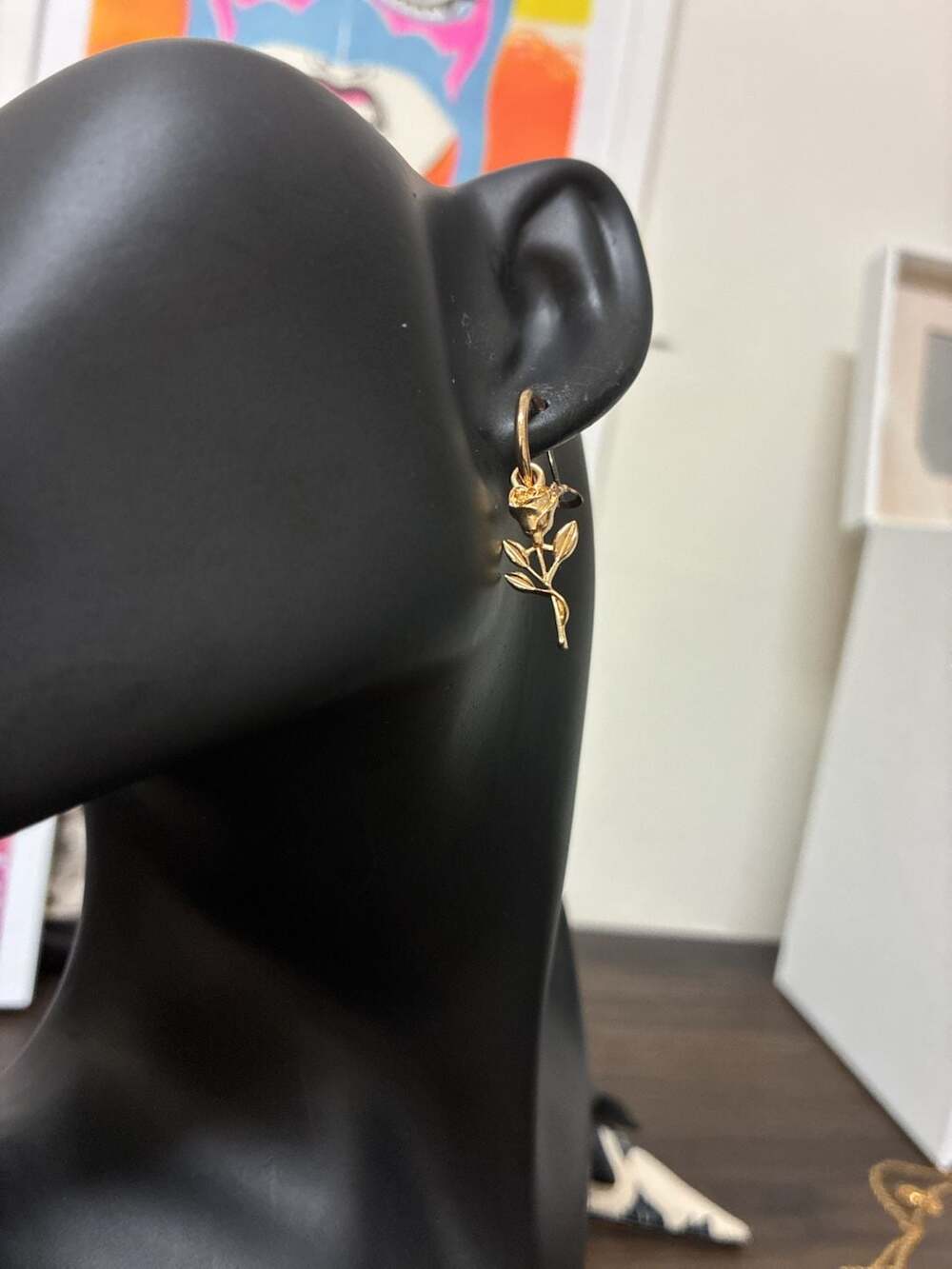 Gold Tone Rose Flower Charm Hoop Earrings Dangle Floral Jewelry